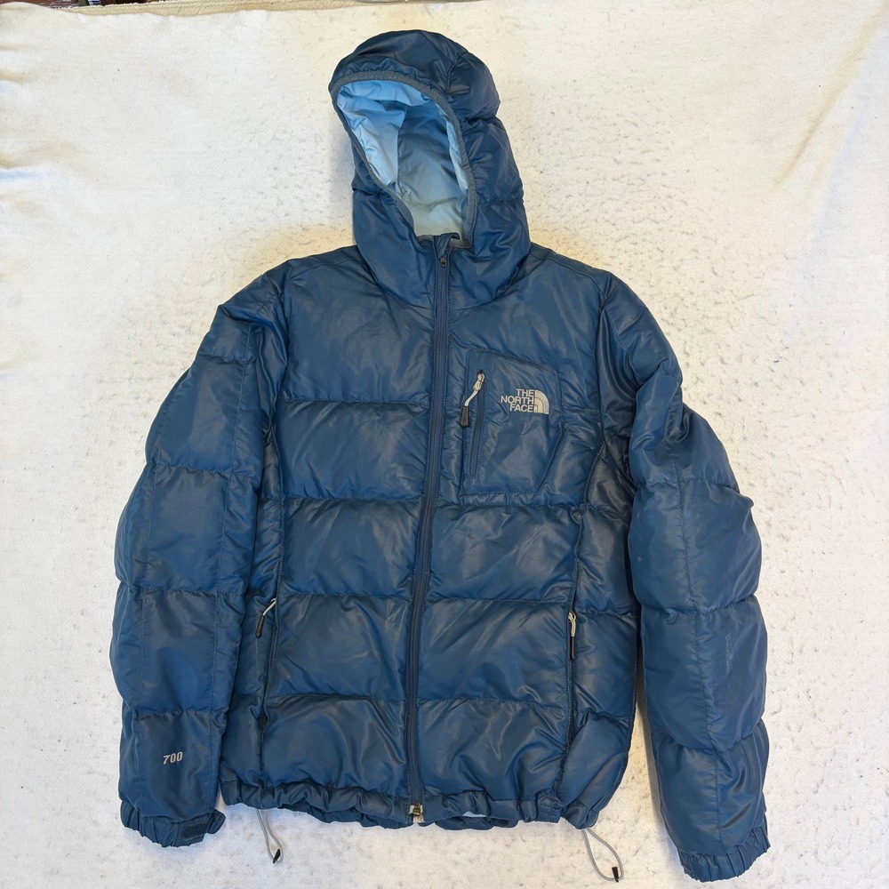 The North Face 700 Down Puffer Jacket Womens Medium Blue Hooded Pertex F09